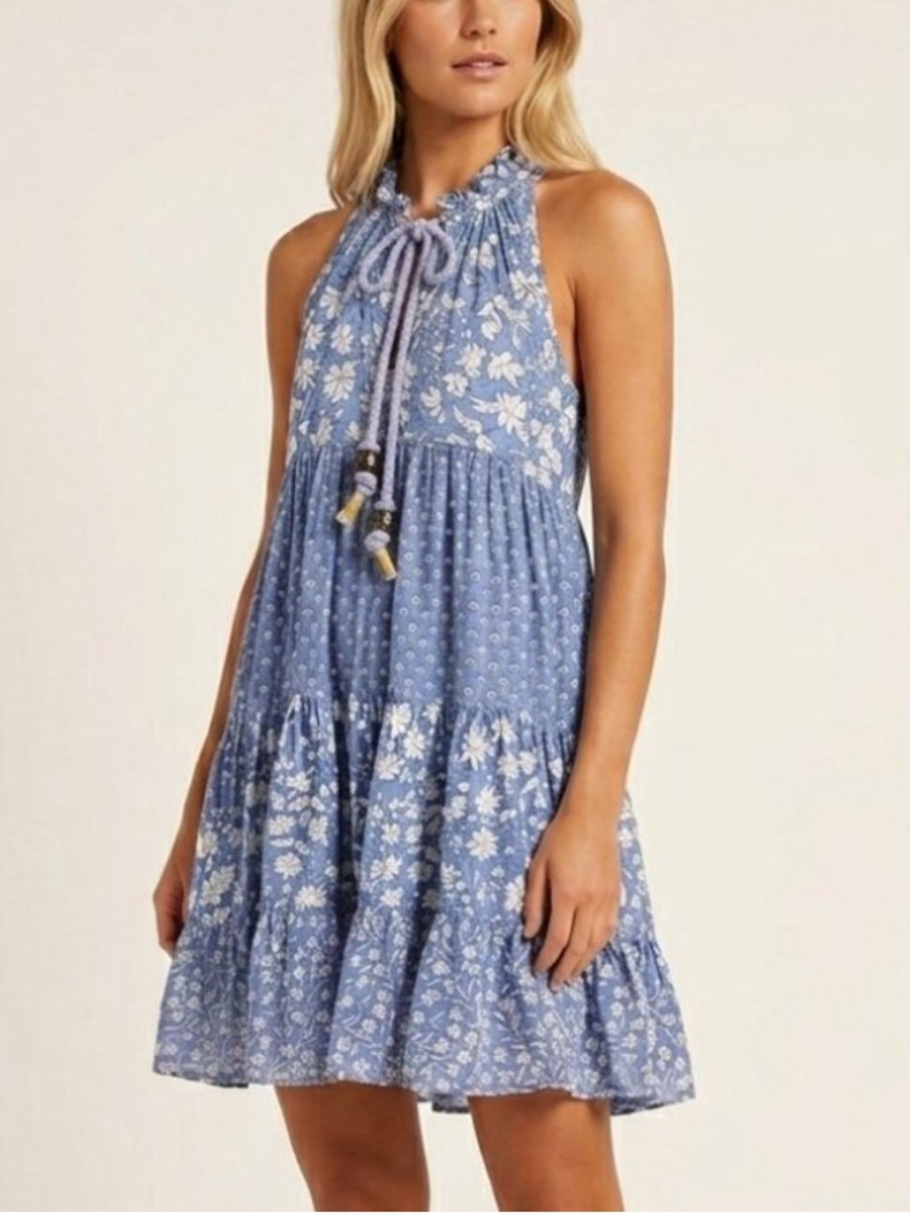 Ro's Garden Women's Blue & White Sofia Floral Tiered Short Dress XS 8488